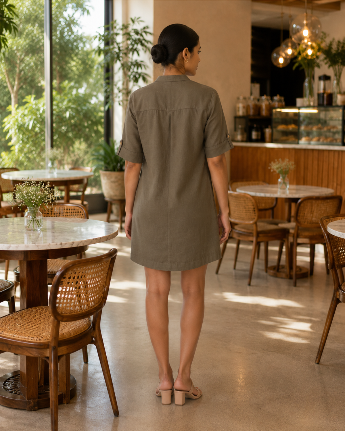 THEA LINEN MINI DRESS KHAKI - SUT006